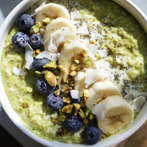 A close-up of creamy Matcha Overnight Oats, perfectly chilled with visible chia seeds.