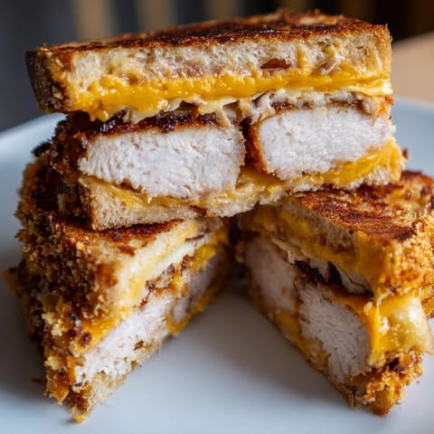 Close-up of a hearty Crispy Panko Pork Chop Grilled Cheese ready to be sliced and devoured.