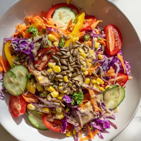 Fresh Rainbow Salad, boasting a medley of bright vegetables, ready to be tossed in savory dressing.