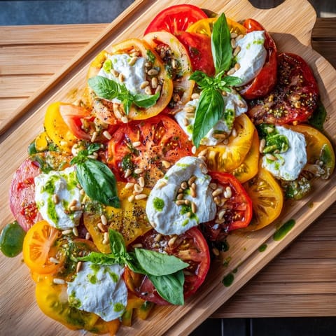 Golden-brown crostini and a crusty baguette sit beside the Heirloom Tomato Salad Board, ready for dipping and spreading.