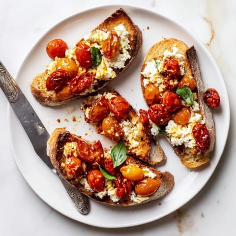Golden, bubbly feta and roasted cherry tomatoes atop crispy sourdough slices, garnished with fresh basil for a vibrant Mediterranean snack.  