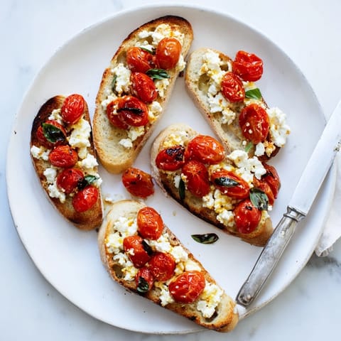 Warm baked feta toast with blistered tomatoes and basil, perfect for a quick vegetarian light meal or appetizer.  