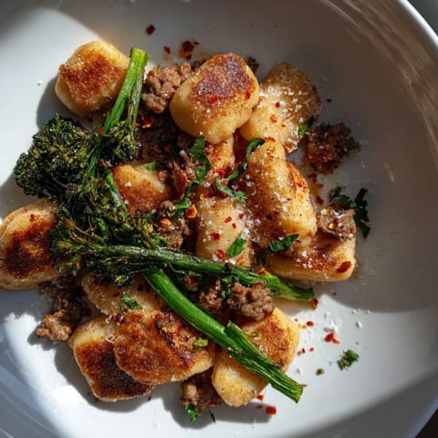A close-up of Sheet Pan Gnocchi Bake showing crisped gnocchi, roasted broccolini, and savory sausage on a parchment-lined baking sheet.
