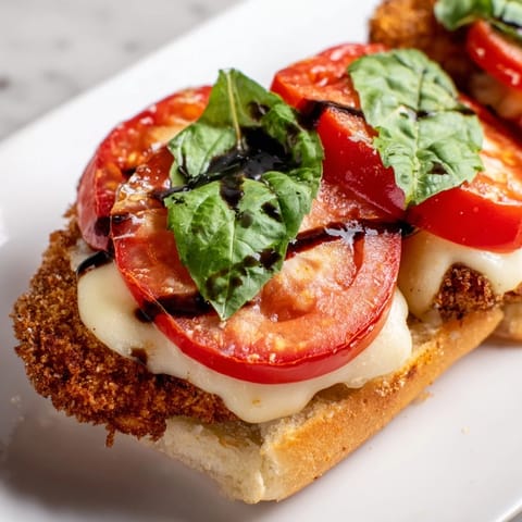 A close-up of a crispy Chicken Caprese Sandwich with ripe tomato slices and a drizzle of balsamic glaze.
