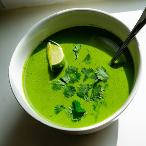 A creamy bowl of spinach coriander lemongrass soup, with a rich coconut milk base and fragrant spices.