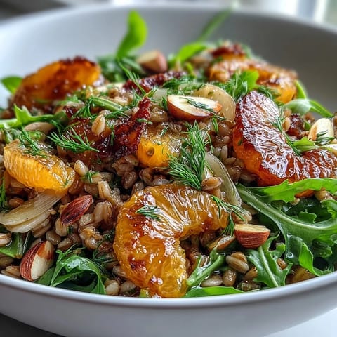 Vibrant farro salad with fennel, oranges, and almonds, a refreshing Mediterranean delight.
