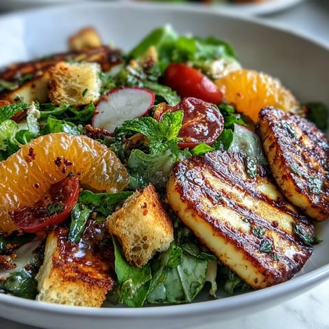 Golden fried halloumi slices rest atop a vibrant salad of mixed greens, blood orange rounds, and sourdough croutons.