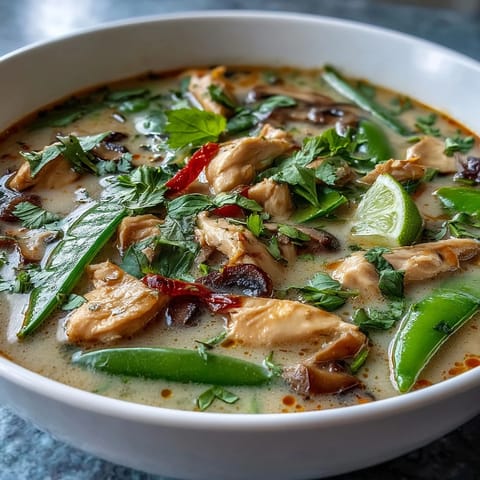 Steaming Thai Chicken Coconut Curry Soup with tender chicken pieces, sliced mushrooms, and vibrant red bell peppers.
