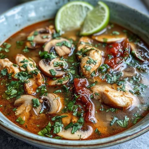 A steaming bowl of Tom Yum Gai with tender chicken, mushrooms, and cilantro garnish.