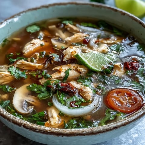 Bright red Tom Yum Chicken soup steaming in a bowl, featuring tender chicken pieces, mushrooms, and fresh lime wedges on the side.