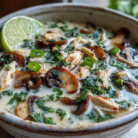 Creamy Authentic Tom Kha Gai with tender chicken and mushrooms in coconut broth.