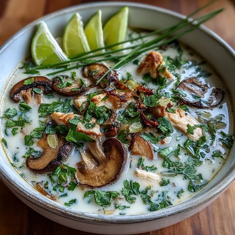 Golden creamy Tom Kha Soup with tender chicken slices, sliced mushrooms, and fresh cilantro garnish, steaming in a rustic bowl.