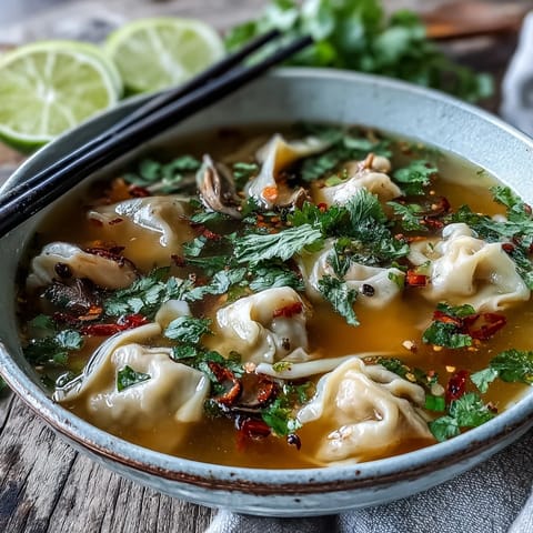 Tom Yum Wonton Soup steaming in a clear, aromatic broth with tender pork dumplings and fresh lime wedges.