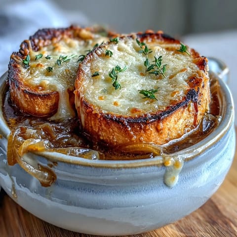 French Onion Soup served in a rustic bowl with a fresh thyme garnish.
