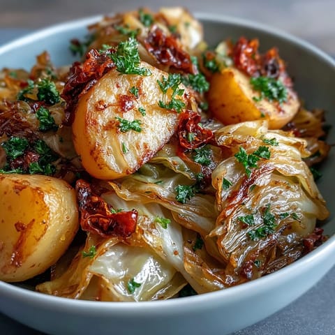 A close-up of Braised Cabbage With Potatoes and Chili, tender cabbage and golden potatoes in a savory chili broth.