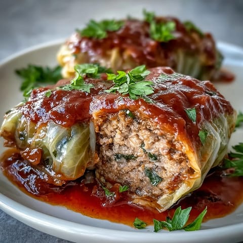 Tender cabbage rolls filled with savory meat and rice, arranged on a plate with fresh parsley garnish.
