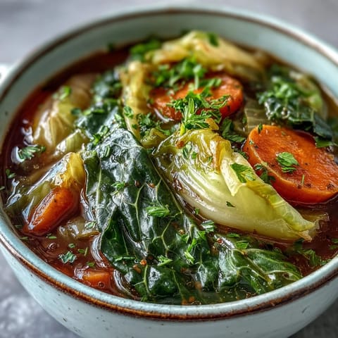 Spoon lifting a ladle of Classic Cabbage Soup with diced vegetables and fresh parsley garnish from a Dutch oven.