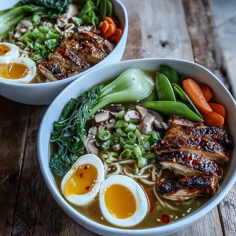 Steam rises from Healthy Miso Chicken Noodle Bowls topped with soft-boiled eggs and sesame seeds.