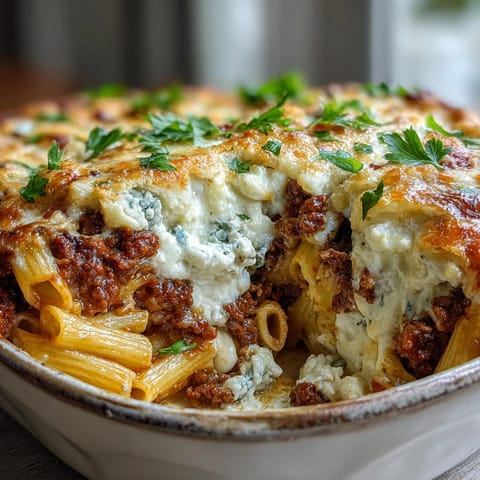 Steam rises from a hearty serving of Cottage Cheese Protein Pasta Bake with Ground Beef, revealing creamy curds and rich, meaty tomato sauce.