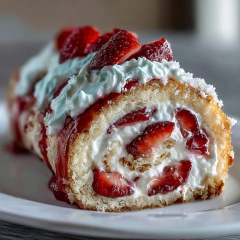 Spiral pinwheels of Strawberry Shortcake Sushi Roll highlight airy sponge cake, lush cream, and juicy strawberries, served on a wooden board with a sweet drizzle.