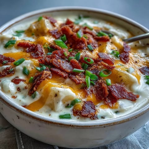 Hearty Loaded Potato Soup simmering on the stove, blending russet potatoes with rich broth, spices, and cheddar cheese.