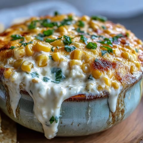 A close-up of Crack Corn Dip, a creamy and cheesy corn appetizer topped with chopped jalapeños and green onions, served warm in a baking dish with tortilla chips.