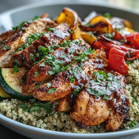 Golden-brown paprika herb chicken slices rest on fluffy quinoa beside vibrant roasted vegetables in a white bowl.