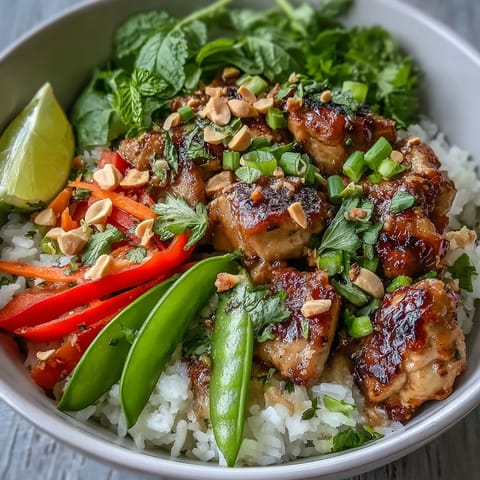 A close-up of a Thai Chicken Coconut Bowl with creamy coconut rice, juicy chicken, and vibrant red peppers.