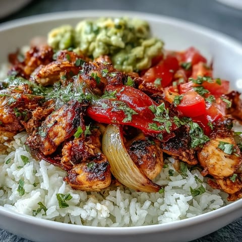 Roasted Sheet Pan Chicken Tinga Bowl with tender chipotle chicken, charred peppers, and fluffy rice.