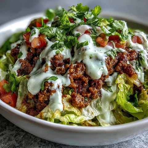 Healthy Taco Bowl with seasoned ground beef, crisp romaine, fresh tomatoes, radishes, and cilantro, topped with creamy lime yogurt crema.