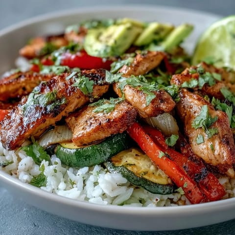 A vibrant Sheet Pan Fajita Bowl topped with sliced avocado, fresh cilantro, and a dollop of creamy sour cream.