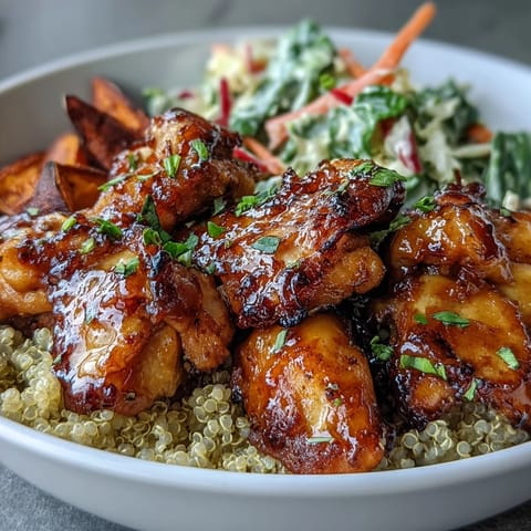 Golden roasted sweet potatoes and spiced chicken rest on fluffy quinoa in this Hot Honey Chicken Bowl.