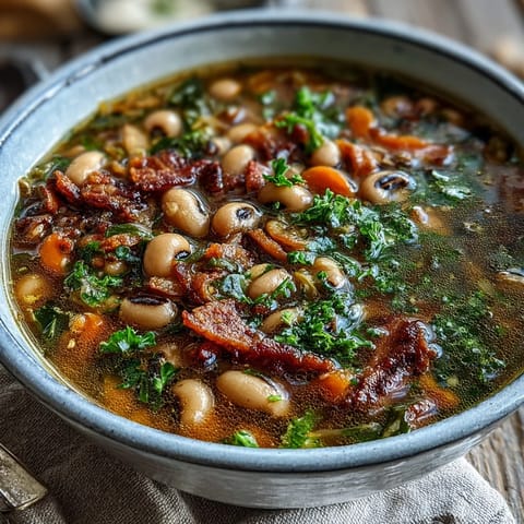 Hearty Black-Eyed Peas and Bacon Soup ladled into a rustic bowl, steam rising.