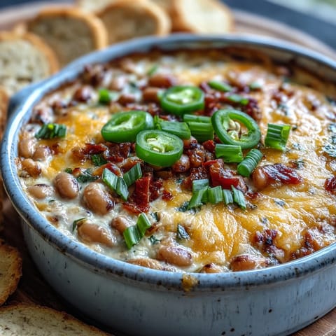 Golden, bubbly Hot Black-Eyed Pea Dip rises from a baking dish, garnished with fresh green onions and red bell pepper. 