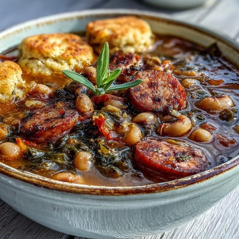 Savory Black-Eyed Peas and Sausage Dumplings in a ladle, ready to serve over a dinner table.
