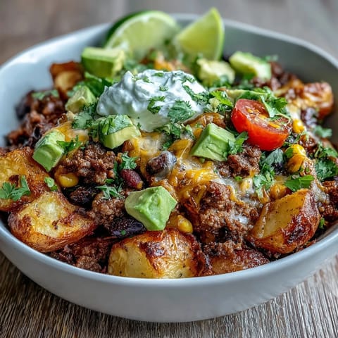 A hearty Loaded Potato Taco Bowl featuring melted cheddar, fresh avocado, and vibrant corn, perfect for a protein-packed family dinner.