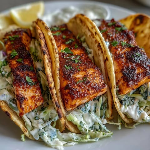 Golden air-fried salmon in corn tortillas topped with creamy cabbage slaw and fresh cilantro for a quick, healthy dinner.