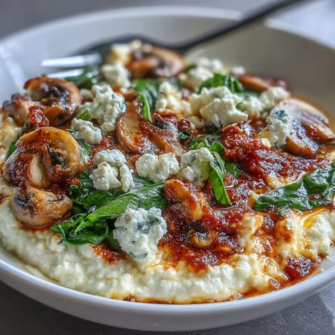 A freshly baked Cottage Cheese Pizza Bowl reveals a creamy cottage cheese base topped with rich marinara and vegetables.