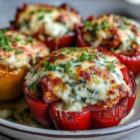 Plated Garlic Parmesan Chicken Stuffed Peppers with a crisp green salad and fresh parsley garnish.