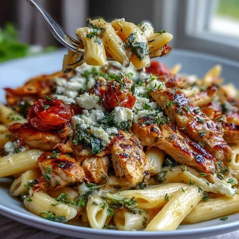Golden roasted garlic and feta cheese melted over penne pasta with roasted chicken, spinach, and cherry tomatoes in a skillet.