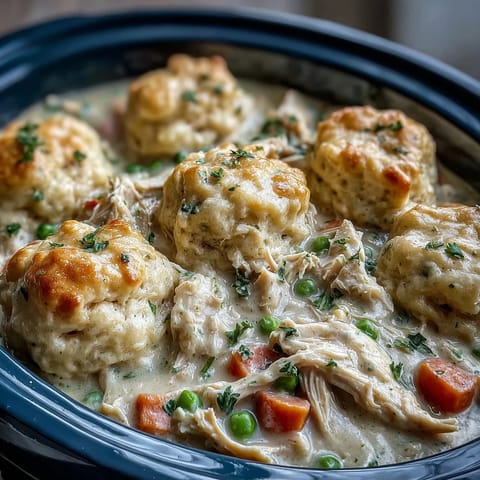 Slow Cooker Ranch Chicken & Dumplings stew steaming in a ceramic insert with shredded chicken and fluffy biscuits.