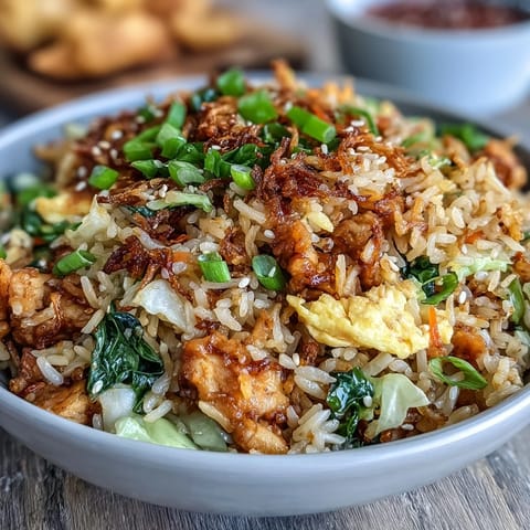 A generous serving of Crispy Chicken Fried Rice topped with crunchy fried onions and scrambled egg ribbons.