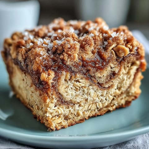 A warm square of High-Protein Cinnamon Swirl Coffee Cake Oats served with fresh berries and a drizzle of maple syrup.