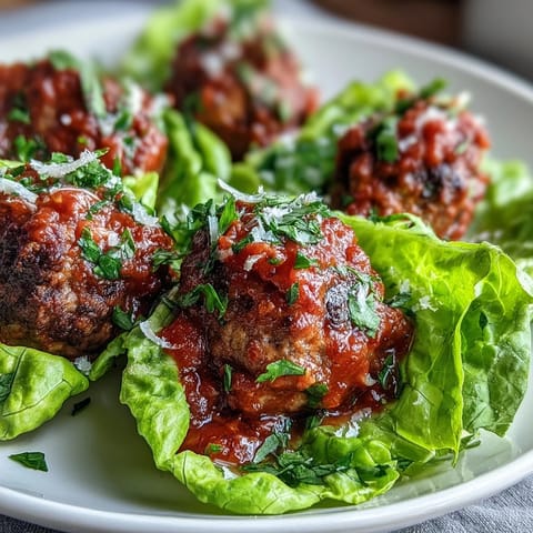 Freshly baked turkey meatballs in butter lettuce cups, topped with homemade marinara and extra Parmesan cheese.
