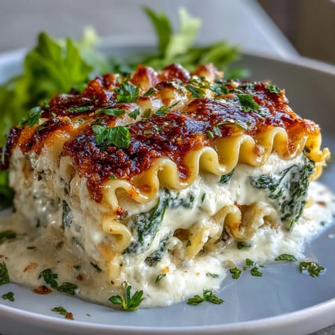Six Garlic Butter Lasagna Roll-Ups in a baking dish, topped with melted cheese and fresh parsley.