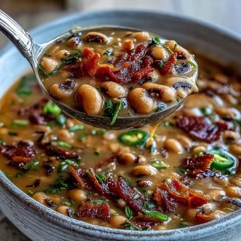 Tender black-eyed peas cooked with thick-cut bacon, Rotel tomatoes, and bold spices in a rustic Southern-style stew.  