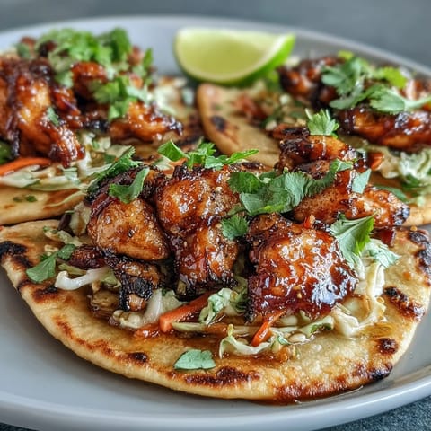 Fusion naan chicken tacos with juicy honey-garlic glazed chicken, crunchy slaw, and zesty lime.  