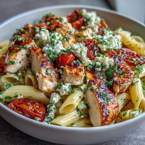 Greek-inspired roasted garlic feta chicken pasta with al dente penne, crumbled feta, and bright lemon zest.  