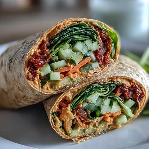 Healthy Mediterranean-inspired veggie wraps featuring sun-dried tomato hummus, crunchy carrots, and vibrant bell peppers.  
