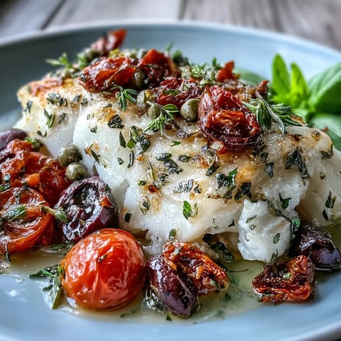 Flaky cod fillets baked with cherry tomatoes, Kalamata olives, and fresh basil for a Mediterranean-inspired dinner.  